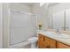 Bathroom features a glass-enclosed shower and a single sink vanity at 2158 Indigo Creek Ave, Henderson, NV 89012