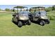 Two Ezgo golf carts parked on grass in a golf course next to water at 2158 Indigo Creek Ave, Henderson, NV 89012