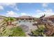 Spacious backyard featuring a pool, desert landscaping, and a striking metal dragon sculpture at 3955 W Jo Rae Ave, Las Vegas, NV 89141