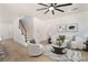 Bright living room with modern decor, wood floors and a staircase at 529 Fork Mesa Ct, Henderson, NV 89015