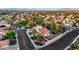 This aerial view shows the neighborhood, mature landscaping, the layout of the streets and the surrounding city at 8388 Brad Oaks Cir, Las Vegas, NV 89123