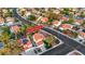 An aerial view shows how this home sits on a corner lot and is part of an established community at 8388 Brad Oaks Cir, Las Vegas, NV 89123