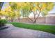 Spacious backyard with a well-kept lawn, a paved patio, mature trees and a block fence at 10391 Avebury Manor Ln, Las Vegas, NV 89135