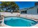 Backyard swimming pool with clear blue water, surrounded by a white fence and lush trees on a sunny day at 1679 Raindance Way, Las Vegas, NV 89169