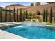 Backyard pool and spa with mature landscaping, a water feature, and hillside views at 4220 San Alivia Ct, Las Vegas, NV 89141