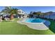 A backyard pool with synthetic grass, palm trees, and covered gazebo at 4474 Dawley Ct, Las Vegas, NV 89104