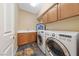 Spacious laundry room with sink, counter space, washer and dryer hookups and storage cabinets at 8547 Benidorm Ave, Las Vegas, NV 89178