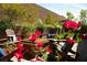 Landscaped backyard featuring patio with outdoor seating area with modern brick fire pit surrounded by blooming flowers at 3395 Sleeping Hills Ave, Henderson, NV 89044
