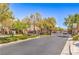 Gated entrance to the community with lush landscaping and mature trees at 9822 Opal Bridge Ct, Las Vegas, NV 89178