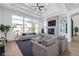 Spacious living room with stone fireplace, large windows, and modern decor at 2826 Barrow Downs St, Las Vegas, NV 89135