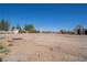 Wide view of backyard featuring desert landscape, a shed, a fire pit, and an earth mover at 1050 Bruce St, Pahrump, NV 89048