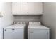 Bright laundry room features side-by-side, white, Maytag washer and dryer with white cabinets above at 2851 S Valley View Blvd # 1044, Las Vegas, NV 89102