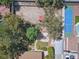 Overhead view of the backyard features patio, mature trees, a tennis court, and landscaping at 4409 W Red Coach Ave, North Las Vegas, NV 89031