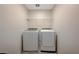Bright laundry area featuring modern, front-loading washer and dryer with wire shelving at 4977 Birchland Manor Ave, Las Vegas, NV 89139