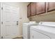 Functional laundry room with a washer and dryer, complemented by upper cabinets for ample storage at 8275 Old Creek Ranch St, Las Vegas, NV 89139