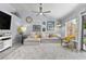 Bright living room featuring plush white rug, comfortable sofa, and modern ceiling fan at 8629 Prairie Hill Dr, Las Vegas, NV 89134