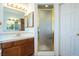 Bathroom features a sink with wood cabinets and a shower with gold trim glass doors at 10140 W Tropical Pkwy, Las Vegas, NV 89149