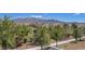 Overhead view of the community with homes, trees, and a mountain range in the background at 7380 Abundant Harvest Ave, Las Vegas, NV 89131