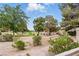 Lush backyard view with mature trees, green grass, and landscaped garden provides a serene escape at 7988 Harbour Towne Ave, Las Vegas, NV 89113