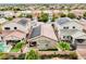 Aerial view of a home with a covered patio, artificial turf, lush landscaping, and a private, fenced backyard at 8836 Martin Downs Pl, Las Vegas, NV 89131