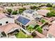 Aerial view of a home featuring a covered patio, artificial turf, and a well-maintained backyard with desert landscaping at 8836 Martin Downs Pl, Las Vegas, NV 89131