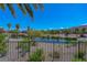 Scenic view of the pond with lush green landscaping and palm trees creates a serene atmosphere at 11359 Winter Cottage Pl, Las Vegas, NV 89135