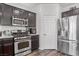 Modern kitchen featuring stainless steel appliances, black cabinets and a gas range at 3632 Julia Waldene Ct, Las Vegas, NV 89129