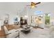 Bright living room featuring fireplace, ceiling fan, and lots of natural light at 6029 Mustang Breeze Trl # 101, Henderson, NV 89011