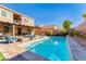 Backyard pool with patio seating and lush landscaping, perfect for outdoor enjoyment at 8137 Cape Flattery Ave, Las Vegas, NV 89147