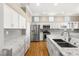 Stylish kitchen with stainless steel appliances, white cabinets, subway tile backsplash and granite countertops at 10712 Back Plains Dr, Las Vegas, NV 89134