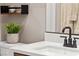 Close-up of modern bathroom vanity with white countertop and decorative plant at 12430 Foxtail Run Ave, Las Vegas, NV 89138