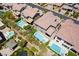 Aerial view of multiple backyards, each featuring a unique pool and landscaping design at 133 Clouded Ave, Henderson, NV 89002