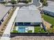 Aerial view showcasing a backyard oasis with a pool and an outdoor seating area, surrounded by lush landscaping at 2489 Cingoli St, Henderson, NV 89044