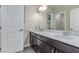 Bathroom featuring double sinks with dark cabinets, light countertop, and modern fixtures at 3165 Via Como, Henderson, NV 89044
