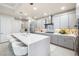 A modern kitchen features an oversized island with seating and sleek, grey cabinetry at 4140 Coneflower St, Las Vegas, NV 89135