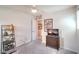 Small bedroom offering a ceiling fan, carpet, and a built-in shelf for added convenience at 6821 Prairie Pearl St, Las Vegas, NV 89148