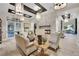 Inviting living room featuring a cozy fireplace, comfortable seating, stylish light fixtures, and outside views at 720 Webber Park St, Henderson, NV 89011