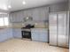 Bright kitchen boasts gray cabinets, granite countertops, and stainless steel refrigerator at 7924 Pale Rider St, Las Vegas, NV 89131