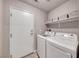 Functional laundry room equipped with modern washer, dryer, and convenient storage shelves at 76 Stock Option St # 2, Henderson, NV 89074