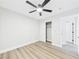 Bedroom with ceiling fan and closet offers a comfortable and functional living space at 1305 Pagentry Dr, North Las Vegas, NV 89031