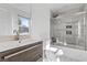 Bathroom featuring a modern vanity and updated walk-in shower at 2268 Buckingham Ct, Henderson, NV 89074