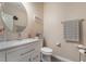 Stylish half-bath features a modern vanity with granite top and contemporary fixtures at 162 Sand Lake St, Henderson, NV 89074