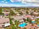 Picturesque aerial shot showcasing a charming community, highlighting a house with a pristine pool and lush backyard at 2959 Azure Bay St, Las Vegas, NV 89117