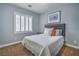 Cozy bedroom with a comfortable bed, shuttered window, and blue accent wall at 2959 Azure Bay St, Las Vegas, NV 89117