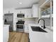This is a kitchen with stainless steel appliances, white cabinets, and quartz countertops at 4270 Wendy Ln, Las Vegas, NV 89115