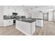 Modern kitchen with white cabinetry, dark countertops, stainless steel appliances and breakfast bar at 10345 Howling Coyote Ave, Las Vegas, NV 89135