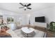 Open-concept living room featuring sleek furnishings, a modern entertainment center, and ample natural light at 343 W Basic Rd, Henderson, NV 89015