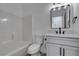 Bathroom features modern black hardware, quartz countertop, and tub with shower at 4255 Breezy Point Ln, Las Vegas, NV 89115