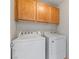 Well-lit laundry room with white washer and dryer and overhead cabinets at 9021 Last Hope Ave, Las Vegas, NV 89178