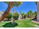 Expansive green backyard offers mature landscaping, tropical trees, and a well maintained retaining wall at 4835 Willow Glen Dr, Las Vegas, NV 89147